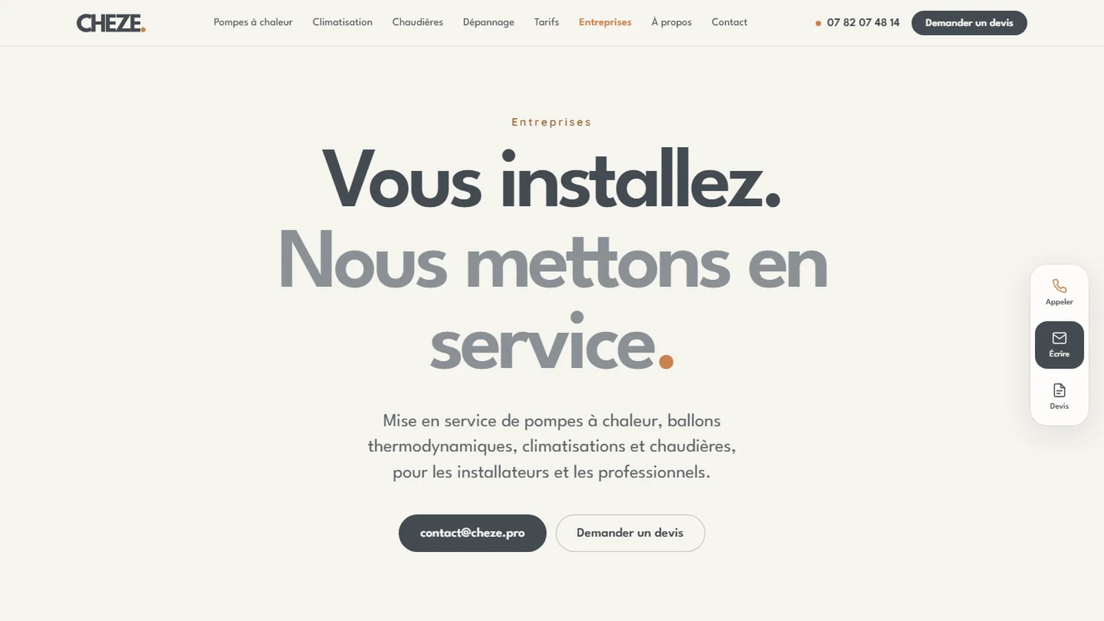 Page Entreprises de CHEZE, pour les installateurs