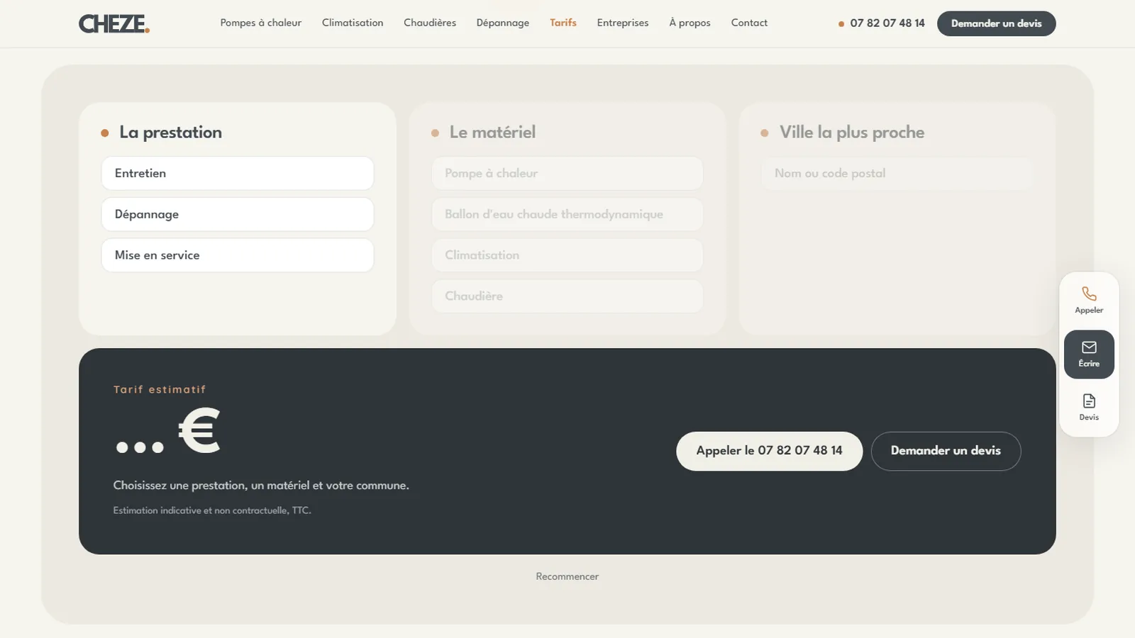 Simulateur de prix en trois étapes sur le site de CHEZE