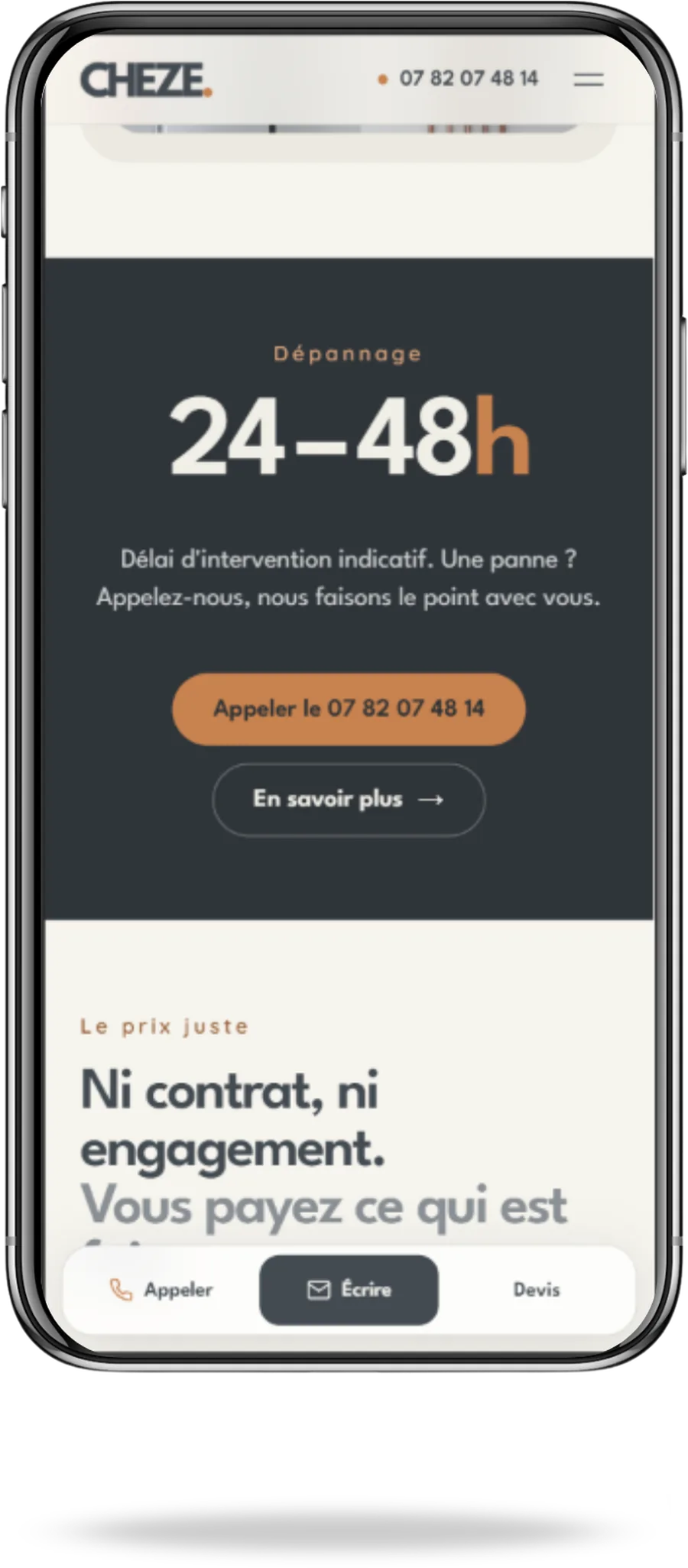Bloc dépannage en 24 à 48 h de CHEZE sur smartphone, avec la barre Appeler, Écrire, Devis