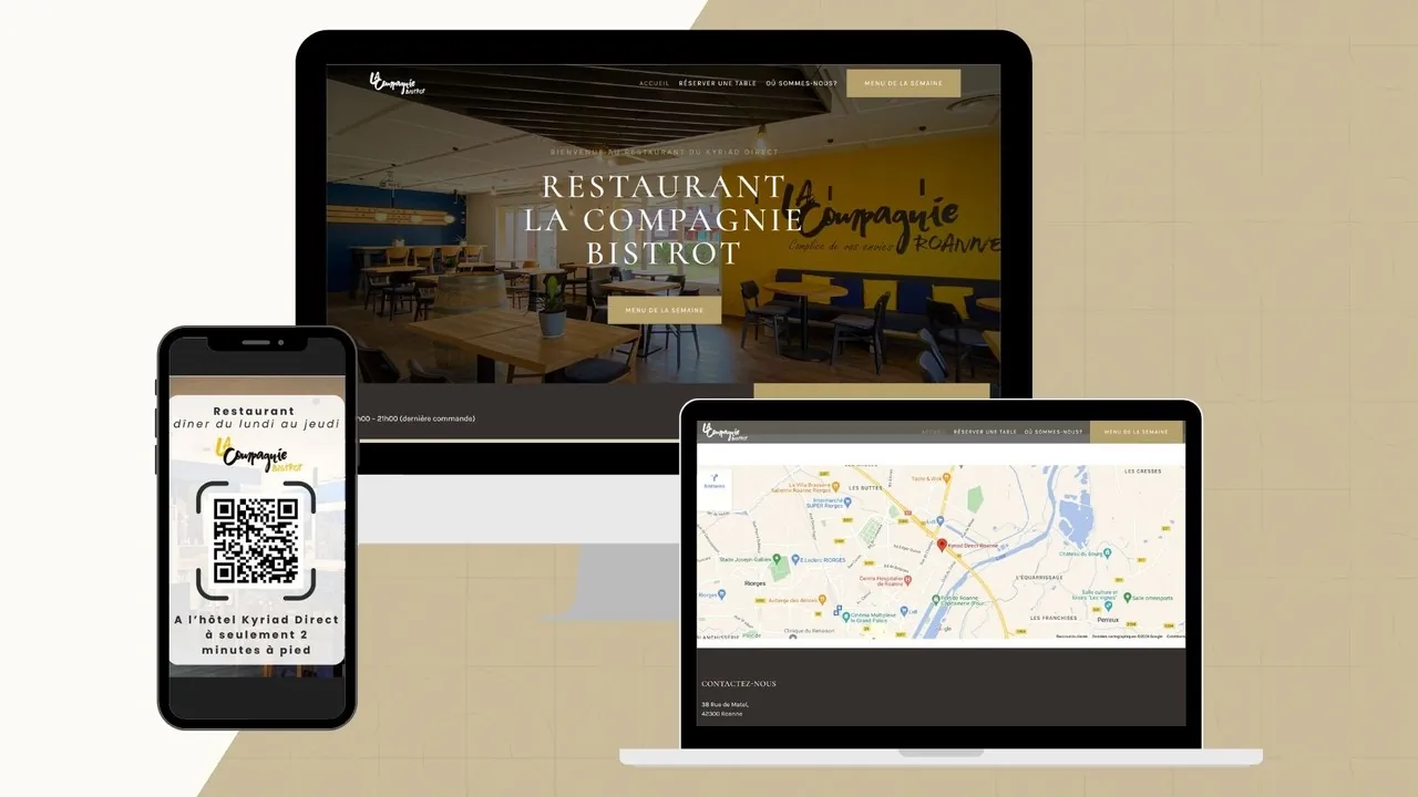 Site du restaurant La Compagnie Bistrot à Roanne affiché sur ordinateur, ordinateur portable et smartphone