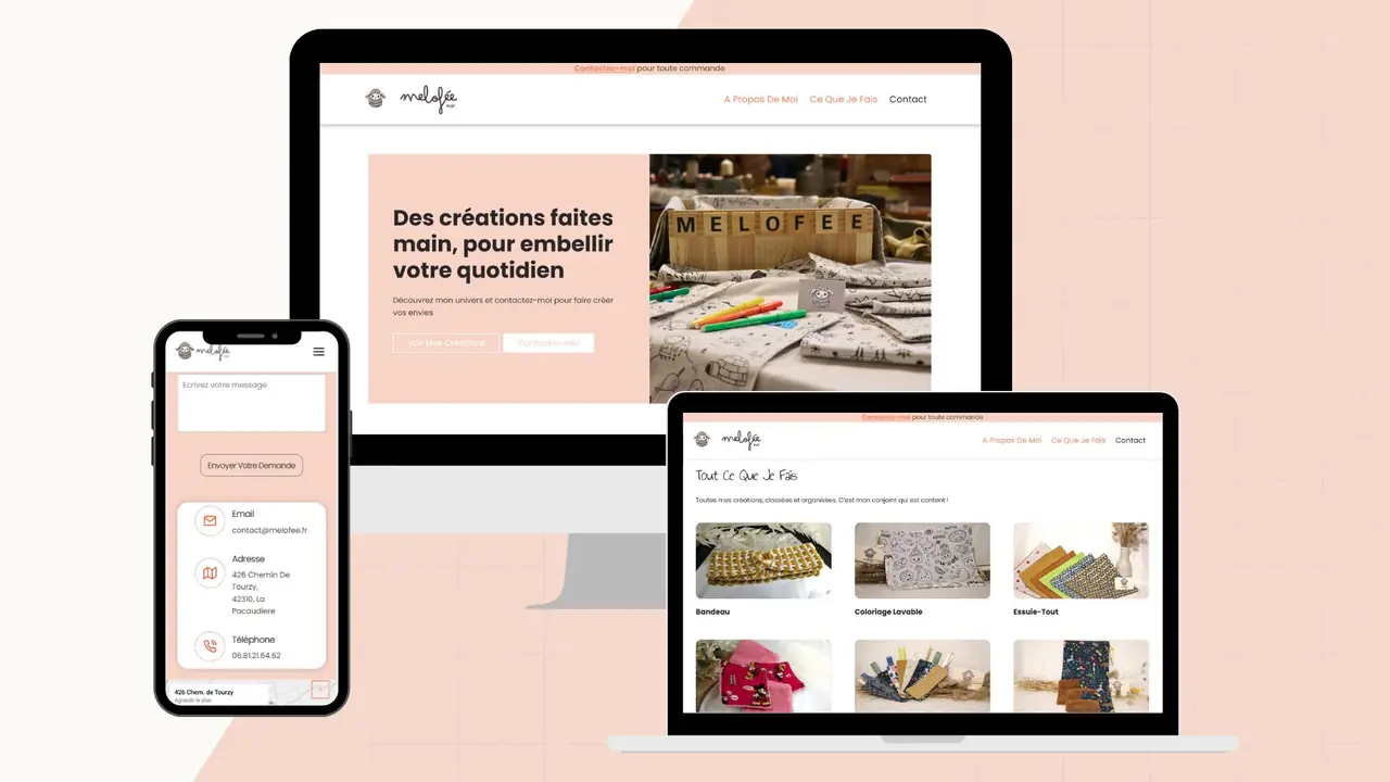 Boutique en ligne Mélofée affichée sur ordinateur, ordinateur portable et smartphone